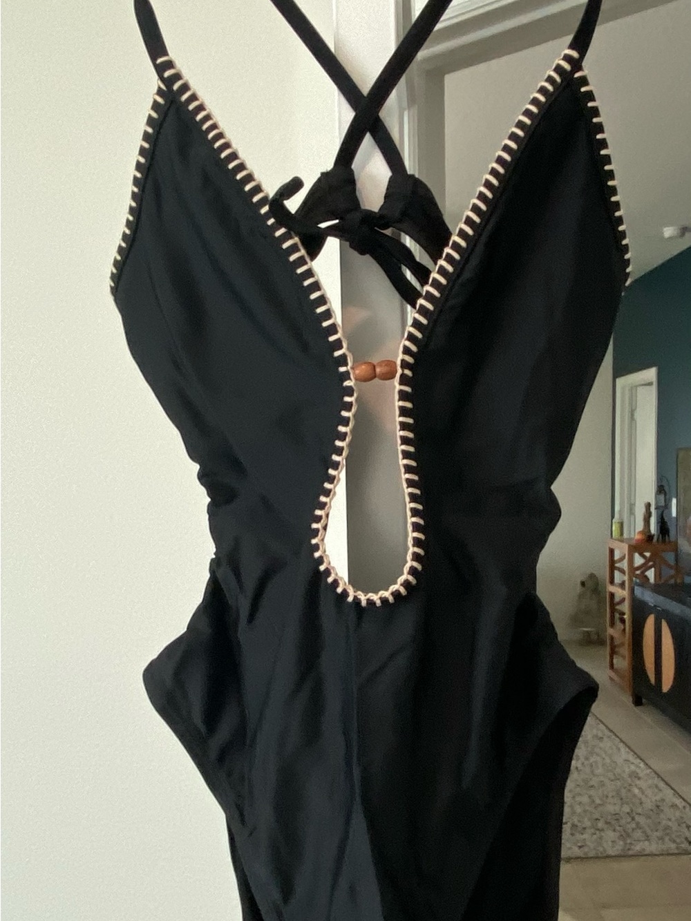 Shade & Shore Black One-Piece Swimsuit with Cream Trim and Wood Bead